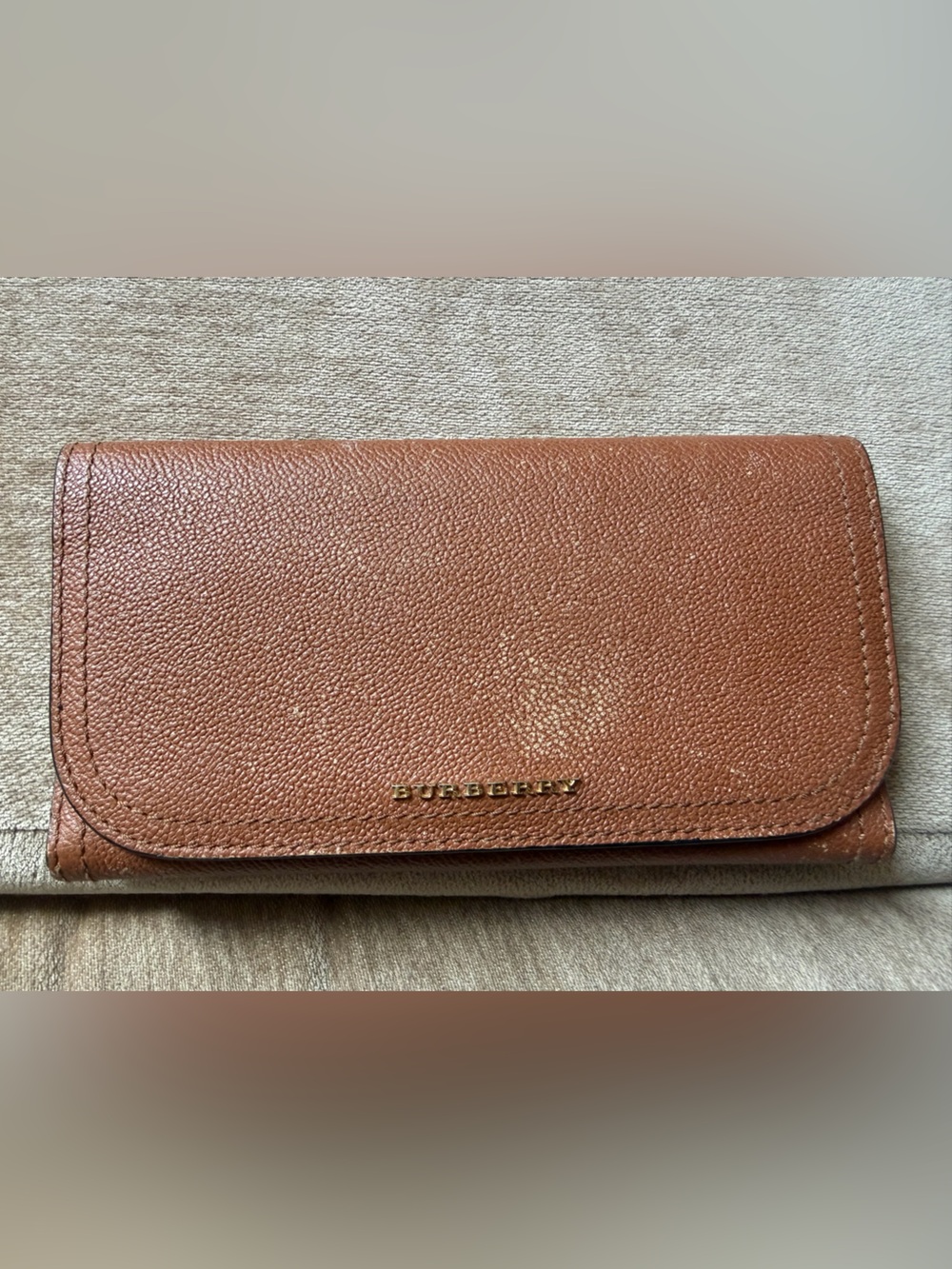 Burberry Cognac Pebbled Leather Folio Phone Case with Gold Logo